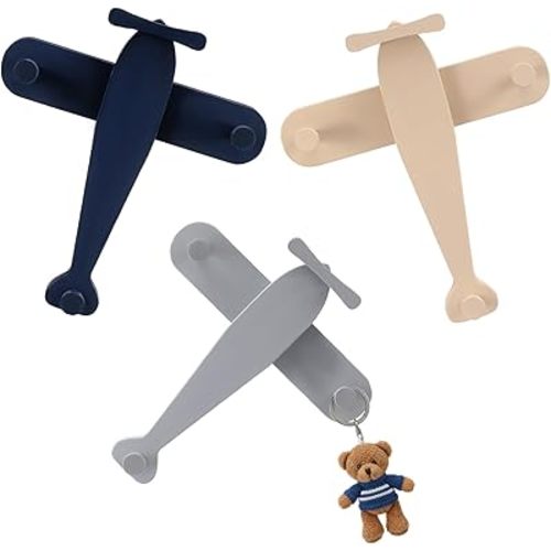 3 Pack Airplane Shaped Wall Coat Hooks Nursery Decor Wooden Airplane Decorative Cute Coat Rack Wall Mount Aviation Decor for Bedroom Living Room Office Entryway Door Nursery
