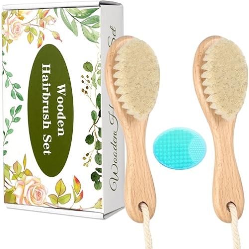 Wooden Baby Hair Brush and Comb Set, 2Pcs Natural Soft Goat Bristles Brush with Baby Shower Scrubber Perfect Scalp Grooming Product for Newborn, Toddler, Infant (Green)