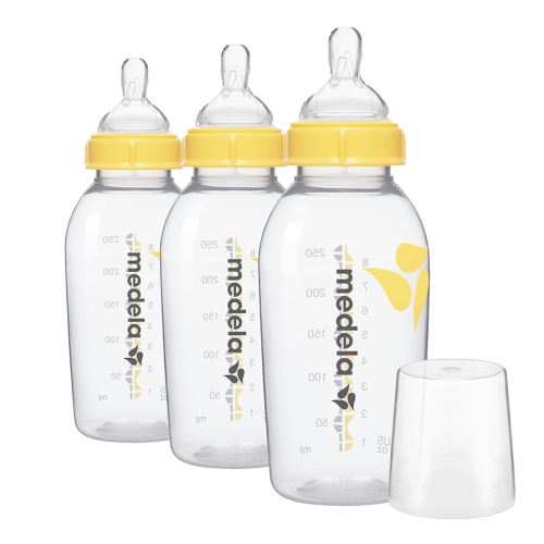 Medela Breast Milk Storage Bottles, 3 Count of 8 Ounce / 250mL Breastfeeding Bottles with Nipples, Lids, Wide Base Collars, and Travel Caps, Made Without BPA