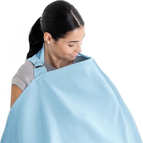 Comfy Cubs Nursing Cover for Baby Breastfeeding - 100% Muslin Cotton, Soft & Breathable Cotton, Breastfeeding Pumping Cover for Mom, with Rigid Hoop - Privacy Unisex Lightweight Covers Wrap, Sky Blue