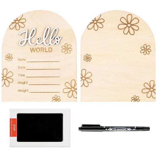 R HORSE Baby Birth Announcement Sign with Marker Pen, 3D Wooden Hello World Birth Sign with Ink Pad for Hand and Footprints, Double-Sided Daisy Newborn Name Announcement for Baby Shower Keepsakes