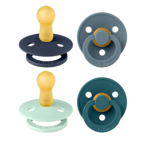 BIBS Pacifiers - Colour 4 Pack | Round Nipple Baby Pacifier | BPA Free Natural Rubber Latex Soother | Made in Denmark | Size 6-18 Months | Boy Colors
