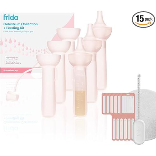 Frida Mom Colostrum Collection Kit, Catch, Store & Feed Breastmilk, Includes 6 Colostrum Collectors, 6 Labels, Cleaning Brush, Cloth & Case, Hospital Bag Ready, Safe Materials, 15pc kit