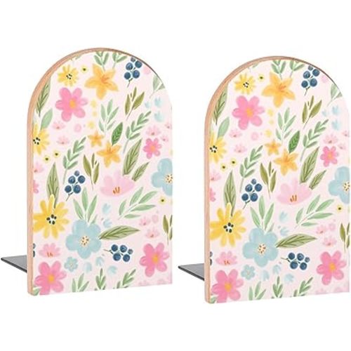 Cute Watercolor Leaves Floral Book Ends Decorative Wood Bookends for Shelves Kids Room Desk Home Office Book Stoppers for Magazines,Books, DVDs, 1 Pair/2 Pieces(5x3.1 in)
