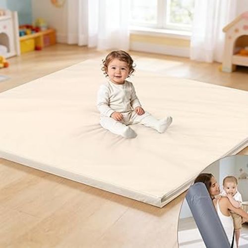 HARBOLLE Baby Play Mat 47x47 Inches, Extra Thick 1.2" Foam Floor Mat for Tummy Time & Crawling, Waterproof Non-Slip Faux Leather Playpen Mat for Infants Toddlers, Indoor Outdoor Gym Activity, Beige