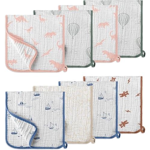 Muslin Burp Cloths, 20"x10"- Pack of 8, 6 Layers Super Soft Absorbent & Breathable 100% Cotton for Baby Drool and Messes, Burp Cloth Baby Boy and Burp Cloths Baby Girl