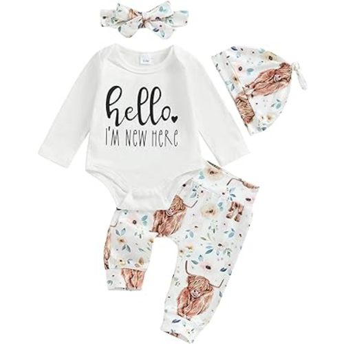 Ayalinggo Hi I‘m New Here Newborn Outfit Girl highland cow baby clothes Coming Home Romper T-shirt Western Pants Hat infant