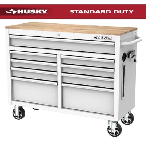 Tool Storage 46 in. W x 18 in. D 9-Drawer Gloss White Mobile Workbench Cabinet