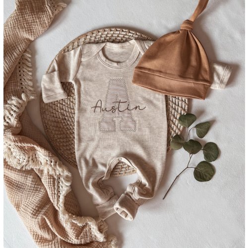 Personalized baby romper and hat set, custom infant boy coming home outfit, embroidery baby shower gift, monogrammed sleeper footies