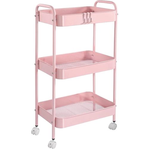 Vtopmart 3 Tier Metal Rolling Cart with Wheels, Utility Storage Cart with Handle and Lockable Casters, Storage Basket Organizer Shelves, Easy Assemble for Kitchen, Living Room, Office, Nursery, Pink