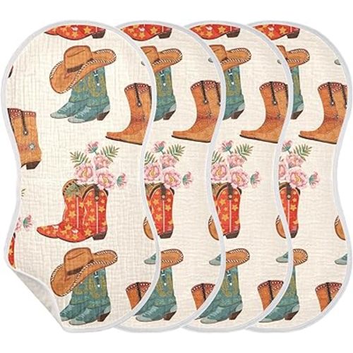Western Cowboy Cowgirl Burp Cloths Baby Boys Girls Absorbent Soft Cotton Burping Cloths Rags, 4 Pack