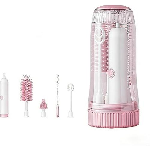 Portable Electric Silicone Bottle Brush Set, 7-in-1 UV LIGHT USB Charging, Nipple/Straw Cleaner, Milk Mixer, Built-in Drying Rack & Storage Case, BPA-Free, IPX7, On-the-Go for New Parents (Blush)