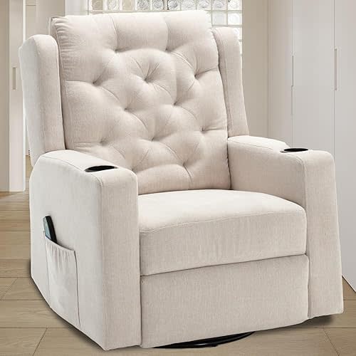 330lbs Oversized Massage Swivel Rocker Recliner Chairs Wide Seat Heavy Duty Fabric Reclining Rocking Glider Chair, Plus Size Tufted Manual Recliners with Cup Holders, White