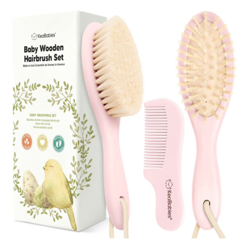 Baby Hair Brush Set for Newborns - Soft Goat Bristle Wooden Baby Brush and Comb Set Newborn Grooming Kit for Cradle Cap, Durable & Gentle, Boy, Girl Infant Essentials Care Kit (Oval, Blush)