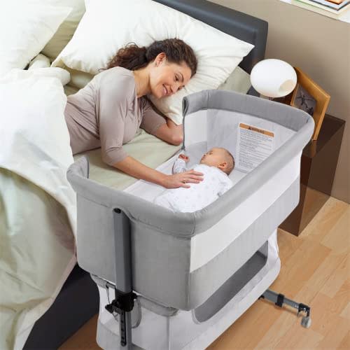 3 in 1 Baby Crib Bedside Crib,Baby Bassinet,Adjustable Portable Bed for Infant/Baby,Light Grey
