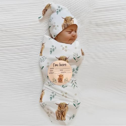 Ylsteed Highland Cow Baby Swaddle Blanket and Headband Set, Newborn Receiving Blanket Swaddle Wrap for Girls and Boys, Swaddling Blanket Neutral for Newborn,Soft and Skin-Friendly (Highland Cow)