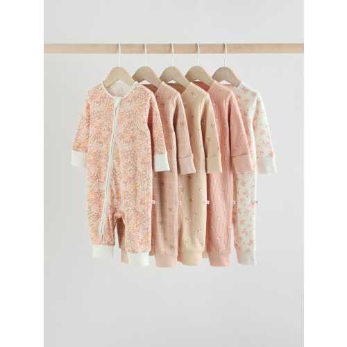 Neutral 100% Cotton Baby Two Way Zip Sleepsuits 5 Pack (0mths-3yrs)