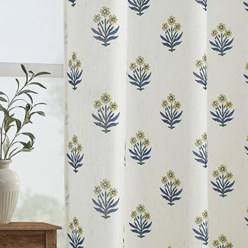 Spring Mustard Yellow Curtains for Living Room,Sheer Flower Pattern Retro Floral Pretty Mid Century Modern Curtains for Bedroom Window 2 Panel Sets,52 x 84 Inches Long,Yellow and Blue