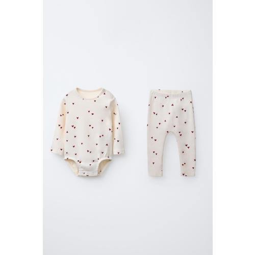 RIBBED HEARTS BODYSUIT AND LEGGINGS SET - Cream | ZARA | 3-6 months