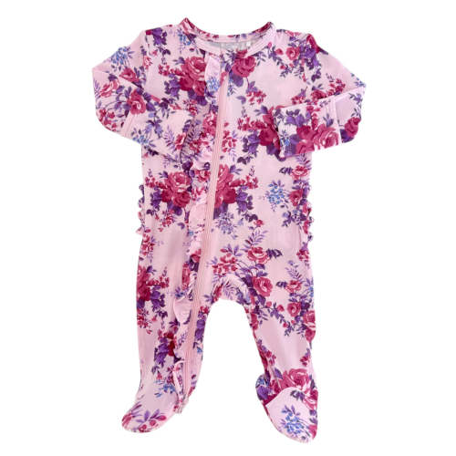 2-Way Zip Ruffle Footie, Violet Rose