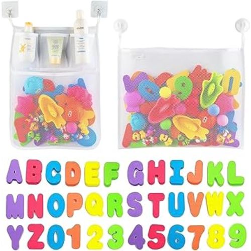 Comfylife 2 x Mesh Bath Toy Organizer + 6 Ultra Strong Hooks + 36 Bath Letters & Numbers – Eco-Safe, Fun, Educational Foam Letters and Perfect Toy Storage Net for Baby Bath Toys & More