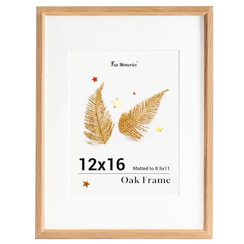 Fun Memories 12x16 Picture Frame, Solid Oak Wood Picture Frames, Modern Photo Frame for Wall 12x16 with 8.5x11 Mat, High Definition Plexiglass & Wall Hook Included (Beige, 1 Pack)