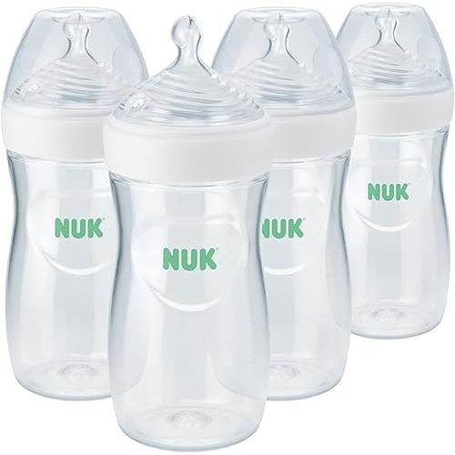 NUK Simply Natural Baby Bottle with SafeTemp, Anti-Colic Vent, and Slow Flow Nipple for Natural Feeding, 9 oz., 4-Pack