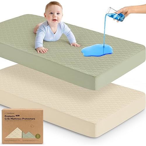 Waterproof Crib Mattress Protector Cover Fitted - 2-Pack Quiet Baby Mattress Topper Crib Sheets, 52" x 28" Soft Quilted Cotton Baby Sheet, Easy Fit, Durable Toddler Liner (Avocado)