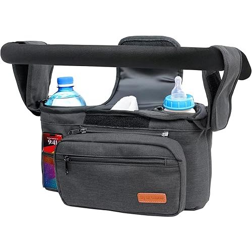 Universal Durable Stroller Bag Organizer with Detachable Wallet for Daily or Travel use. Two Insulated Cup Bottle & Central Compartment. Additional Stroller & Shoulder Straps