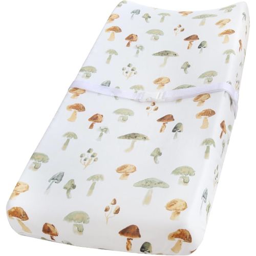 LifeTree Muslin Changing Pad Cover for Baby Girls Boys, 70% Viscose from Bamboo and 30% Cotton, 16"x32" Diaper Change Table Pad Covers, Soft Changing Pad Sheets, Mushroom Pattern