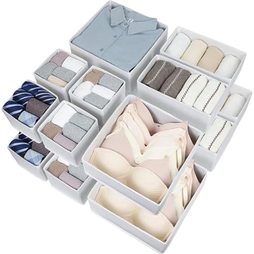 16 Pcs Drawer Organizer,Fabric Closet Organizer and Storage Baskets,Foldable Drawer Divider for Clothing,Sock,Ties,Underwear Drawer Organizers,Cabinet Storage Boxes (White)