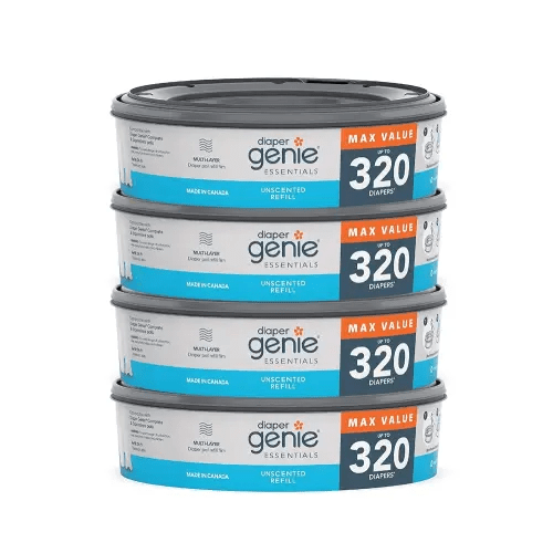Diaper Genie Essentials Round Refill Pack of 4 | Holds Up to 1280 Newborn Diapers | Features Unscented Continuous Film | Compatible with Diaper Genie Complete and Expressions Pails