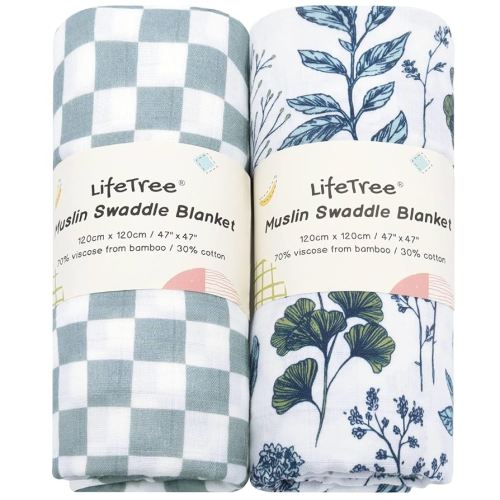 LifeTree Muslin Swaddle Blankets, Baby Swaddling Wrap Nursery Blanket for Boys & Girls, Soft 70% Viscose from Bamboo and 30% Cotton, Large 47 x 47 inches, Blue and White Porcelain & Checkered