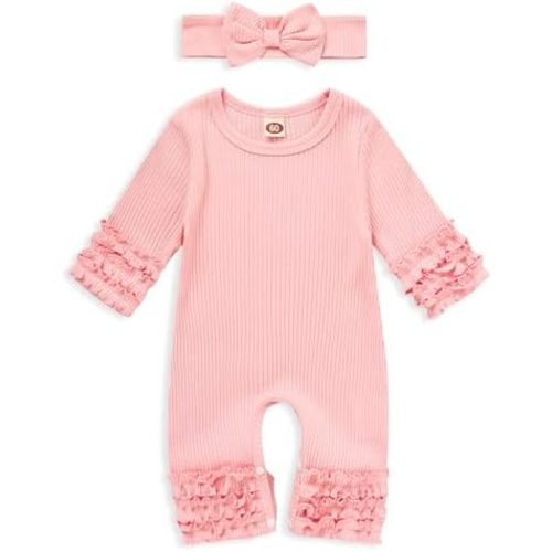 GRNSHTS Newborn Baby Girls Ruffle Romper Solid Long Sleeve Jumpsuit One-Piece Coming Home Clothes With Headband