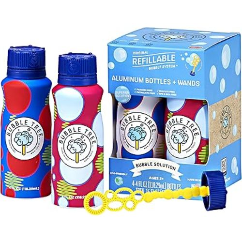 Sustainable Bubble Tree Original Refillable Bubble System Aluminum Bottles (4 Pack of Bubble Solution Made in The USA)