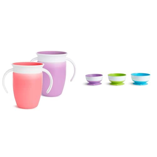 Munchkin® Miracle® 360 Trainer Sippy Cup with Handles, Spill Proof, 7 Ounce, 2 Pack, Pink/Purple & Stay Put™ Suction Bowls for Babies and Toddlers, 3 Pack, Blue/Green/Purple