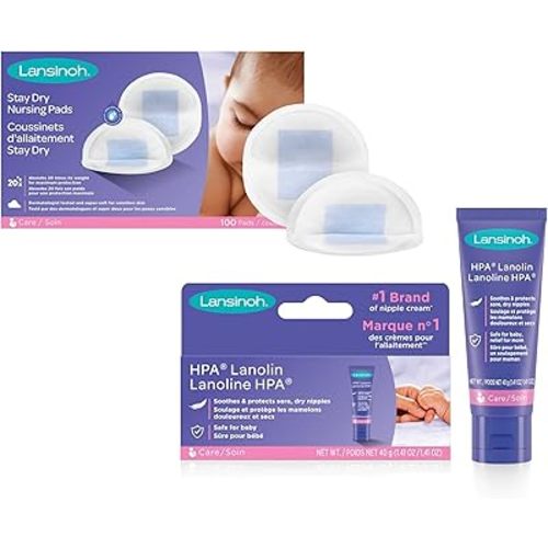Lansinoh Stay Dry Disposable Nursing Pads (100 Count) and Lansinoh HPA Lanolin Nipple Cream (40 Grams) | Breastfeeding Essentials Bundle