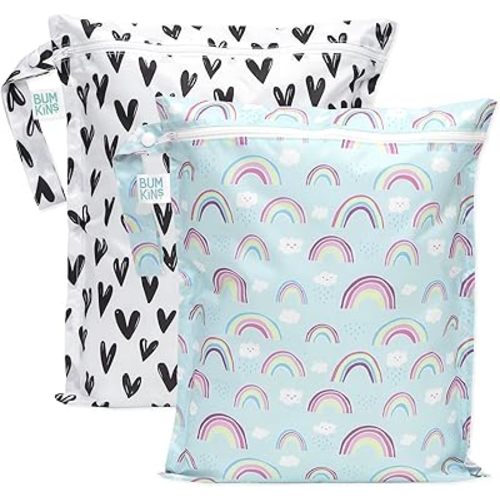 Bumkins Waterproof Wet Bag for Baby, Travel, Swim Suit, Cloth Diapers, Pump Parts, Pool, Gym, Toiletry, Strap to Stroller, Daycare, Zip Reusable Bag, Wetdry Packing Pouch, 2-pk