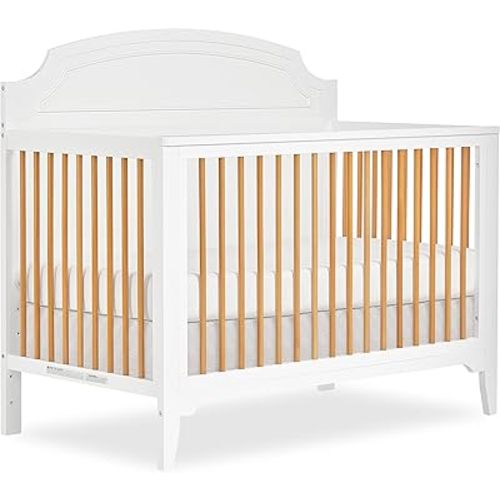 JPMA & Greenguard Gold Certified Milton 5-in-1 Convertible Crib Made with Sustainable New Zealand Pinewood in White and Natural, Non-Toxic Finish