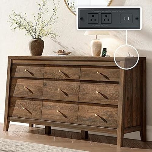 9 Drawers Dresser for Bedroom, 59" Wide Wood Chest of Drawers with Charging Station & Beveled Design, Mid Century Triple Long Dresser Storage Organizer for Bedroom Living Room Closet, Walnut