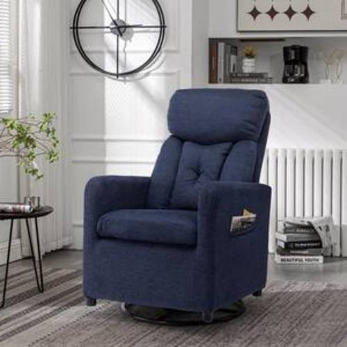 Navy Blue Teddy Fabric Swivel Rocking Chair Gilder Chair with Pocket for Living room