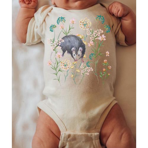 Opossum Baby Bodysuit, Cottagecore Baby Clothes, Possum Wild Flowers Bodysuit, Wildflower Opossum Baby Gift Forest Animal Baby Girl Clothes