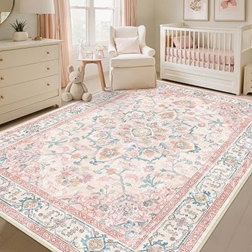 CAPALOCA Machine Washable Rugs Nursery Rug 5x7 Cute Girl Non Slip Low Pile Water Repellent Soft Print Pattern for Bedroom Indoor Decor Kids Playroom Pink Teal