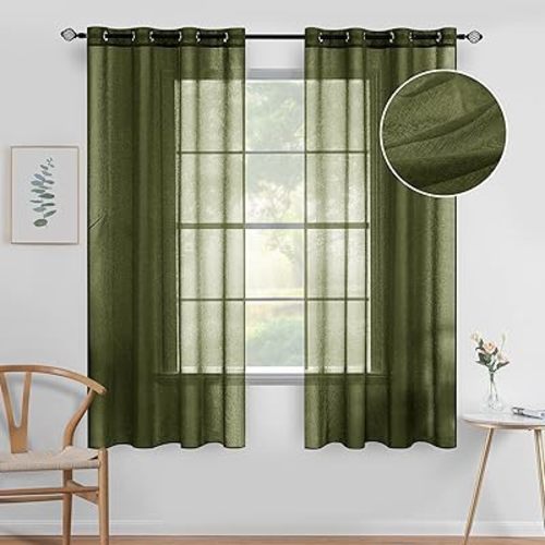 MIULEE 2 Panels Olive Green Semi Sheer Window Curtains Elegant Grommet Top Window Voile Panels/Drapes/Treatment Linen Textured Dark Green Panels for Bedroom Living Room (54X63 Inches)