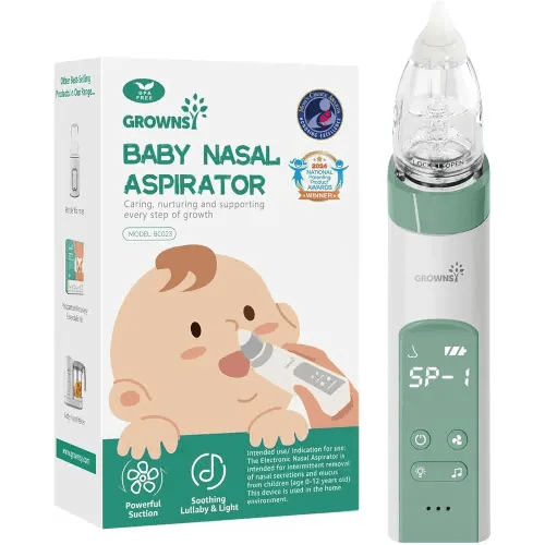 GROWNSY Nasal Aspirator for Baby, Electric Nose Aspirator for Toddler, Baby Nose Sucker, Automatic Nose Cleaner with 3 Silicone Tips, Adjustable Suctions, Music and Light Soothing Function (Green)
