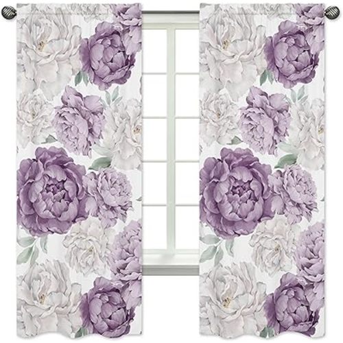Sweet Jojo Designs Lavender Purple Boho Shabby Chic Floral Girl Window Curtains Treatments Panels Baby Nursery Kids Bedroom Kitchen Living Room Coverings Set of 2 Ivory Bohemian Vintage Watercolor