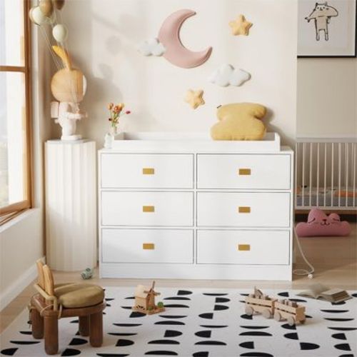 Nursery Dresser with Changing Table Top | 6-Drawer Baby Dresser with Anti-Tip Kit, Waterproof Top & Safety Rails
