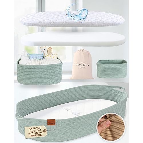 Baby Changing Basket with Diaper Caddy - Sage Green Moses Basket for Babies - Cotton Rope Diaper Changing Basket - Baby Diaper Changing Pad for Dresser - Changing Table Topper for Dresser - Toodly
