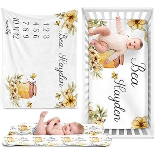 Personalized Girl Crib Bedding Set for Infant Baby: Custom Name Nursery Decor Honey Bee Golden Baby Blanket Fitted Crib Sheet Changing Pad Cover 3 Pcs(Fixed Size)