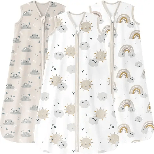 Baby Sleep Sack 6-12 Months 0.5 Tog Wearable Blanket Baby, 3 Pack 100% Cotton Lightweight Sleeping Sack with 2-Way Zipper for Newborn Infant Apricot White Sun Clouds